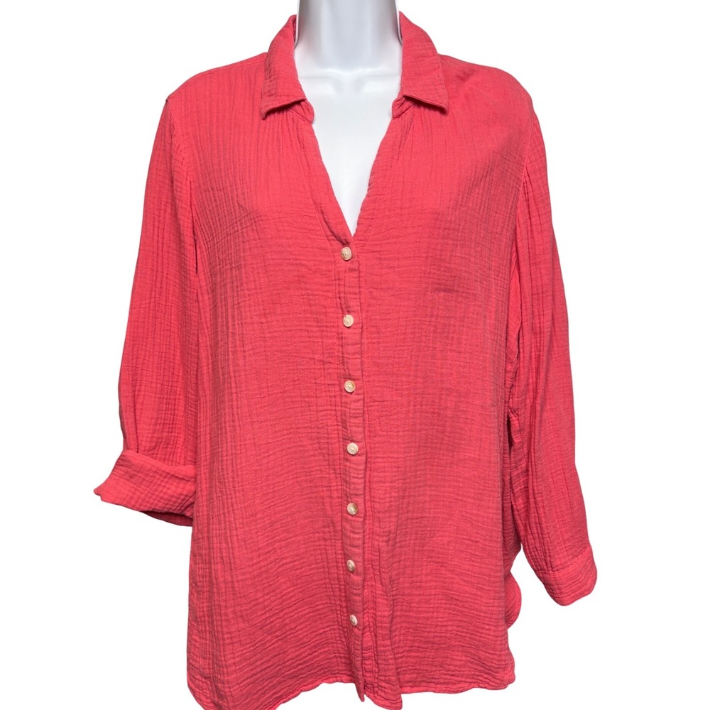 J. JILL Womens Coral Pink Gauze Button Down Shirt L Petite Relax Lagenlook Chic
